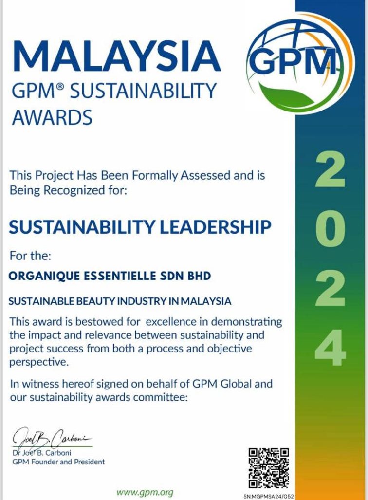 Malaysia GPM Sustainability Award certificate presented to Organique Essentielle, 2024